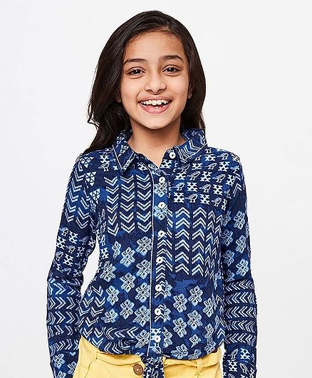 Global Desi Girl Shirt Style Printed Full Sleeves Knot Top - Blue