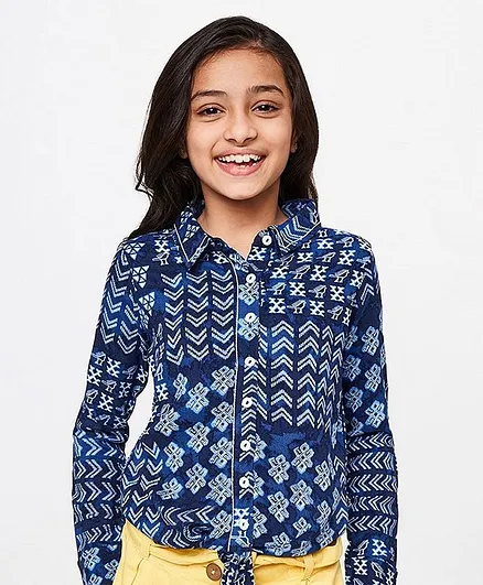 Global Desi Girl Shirt Style Printed Full Sleeves Knot Top - Blue