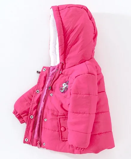 Babyhug Full Sleeves Quilted Hooded Jacket Unicorn Patch - Fuchsia Pink