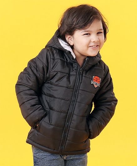 Babyhug Full Sleeves Hooded Padded Winter Jacket Basketball Patch - Black