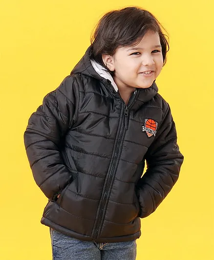 Babyhug Full Sleeves Hooded Padded Winter Jacket Basketball Patch - Black