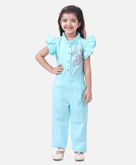 Lilpicks Couture Cap Sleeves Unicorn Embroidery Detailing Jumpsuit - Light Blue