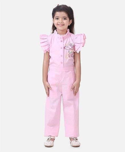 Lilpicks Couture Cap Sleeves Unicorn Embroidery Detailing Jumpsuit - Light Pink