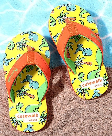 Cute Walk by Babyhug Flip Flops With Back Strap Dino Print - Orange Yellow