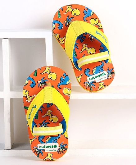 Cute Walk by Babyhug Flip Flops With Back Strap Dino Print - Yellow Orange