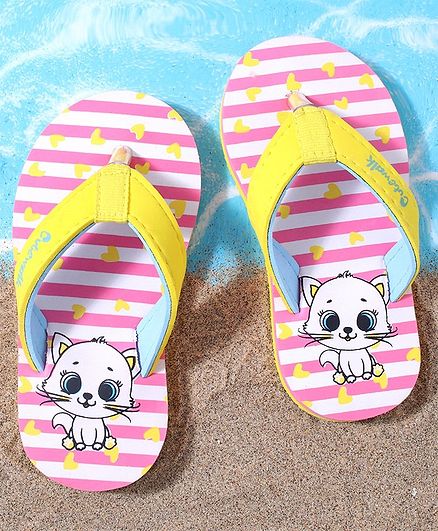 Cute Walk by Babyhug Stripe Flip Flops Kitty Print - Pink White