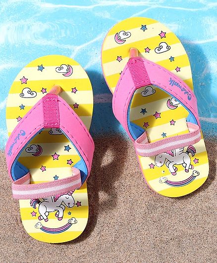 Cute Walk by Babyhug Flip Flops with Back Strap Unicorn Print - Yellow Pink