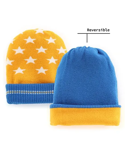 Babyhug Reversible Woollen Cap Star Design Yellow Blue - Diameter 11 cm
