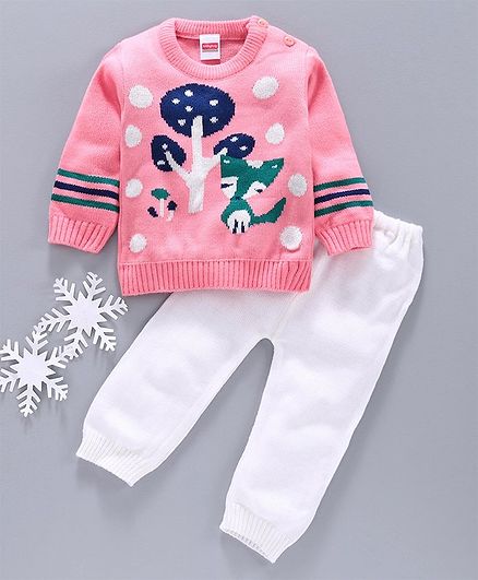 Babyhug Full Sleeves Sweater & Pajama - Pink White