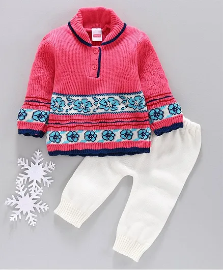 Babyhug Full Sleeves Sweater & Bottoms Floral Design - Pink