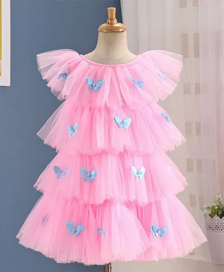 Enfance Layered Cap Sleeves Butterfly Applique Dress - Pink