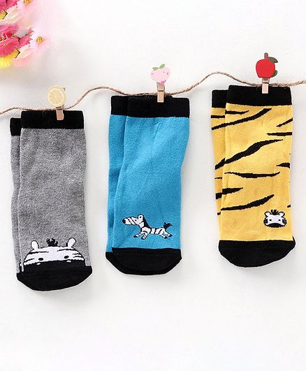 Cute Walk by Babyhug Antibacterial Ankle Length Socks Pack of 3 - Grey Blue Yellow