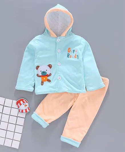 Tappintoes Full Sleeves Hooded Winter Wear Set Bear Patch - Blue Peach