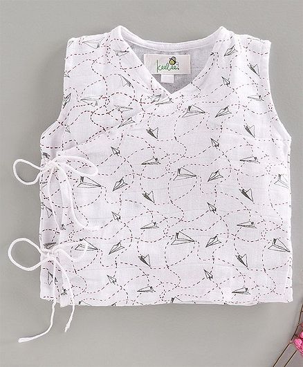 Keebee Organics Sleeveless Overlap Style Muslin Printed Vest - White