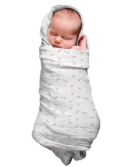 Keebee Organics Paper Plane Print Organic Cotton Muslin Swaddle - White