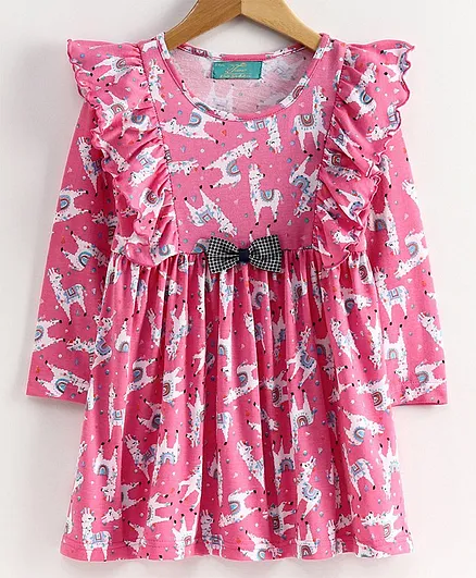 Tiara Full Sleeves llama Printed Ruffle Detailing Dress - Pink