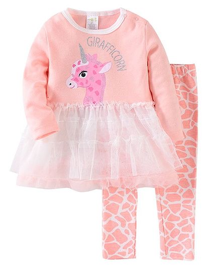 Kookie Kids Full Sleeves Layered Frock with Leggings Girafficorn Print - Pink