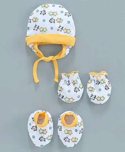 Babyhug 100% Cotton Cap, Mitten & Booties Set Star Print Yellow - Diameter 10.5 cm