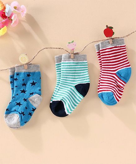 Cute Walk by Babyhug Antibacterial Ankle Length Socks Pack of 3 - Blue Green Red