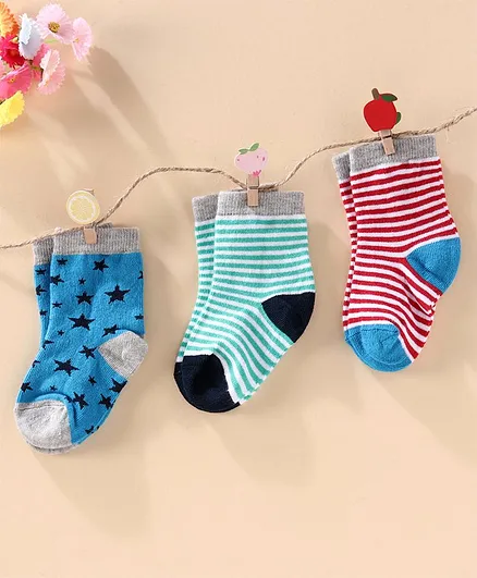 Cute Walk by Babyhug Antibacterial Ankle Length Socks Pack of 3 - Blue Green Red