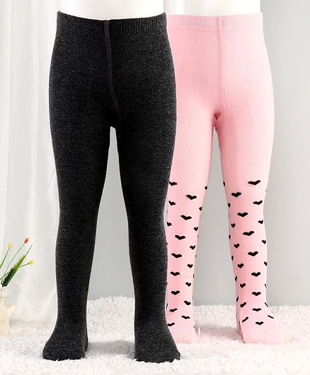 Cutewalk By Babyhug Anti-Bacterial Footed Tights Hearts Design Pack of 2 - Black Pink
