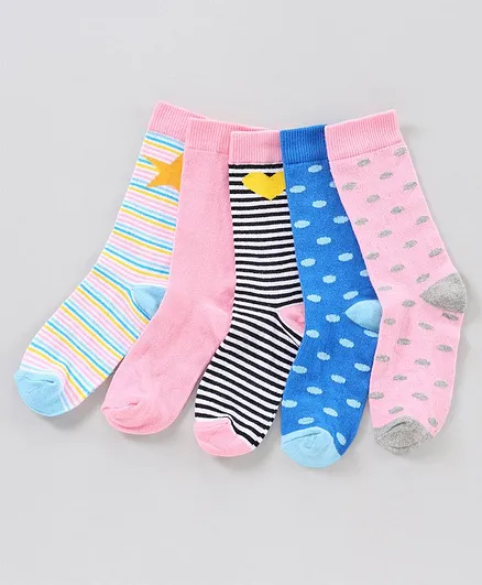 Pine Kids Mid Calf Length Anti-Microbial Socks Pack of 5 - Pink Blue