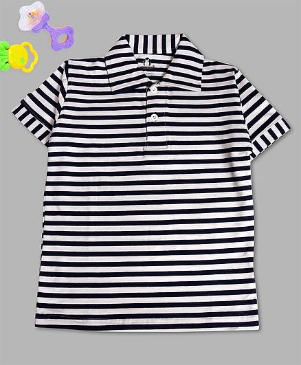 Crazy Penguin Half Sleeves Striped Polo Neck T-Shirt - Black & White