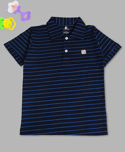 Crazy Penguin Half Sleeves Striped Polo Neck T-Shirt - Blue