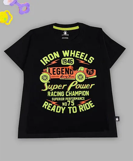 Crazy Penguin Half Sleeves Iron Wheels Printed T-Shirt - Black