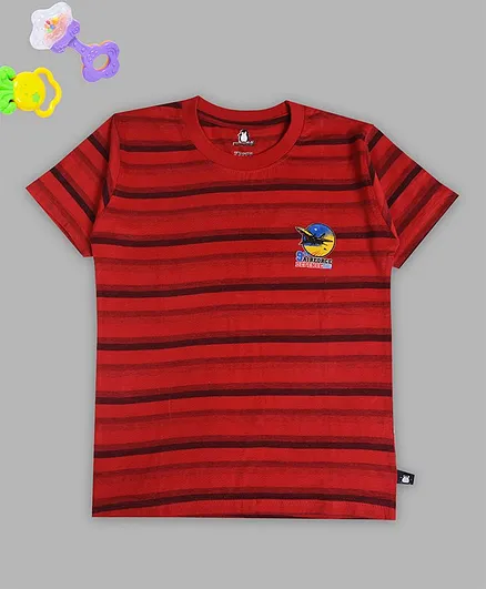 Crazy Penguin Half Sleeves Striped T-Shirt - Red