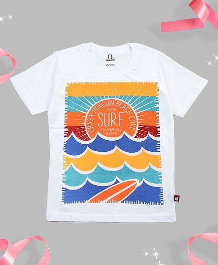 Crazy Penguin Half Sleeves Beach Theme Printed Casual T-Shirt - Multi Colour