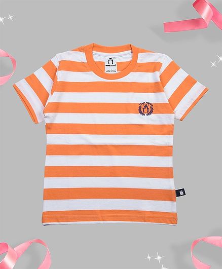 Crazy Penguin Half Sleeves Striped T-Shirt - Orange