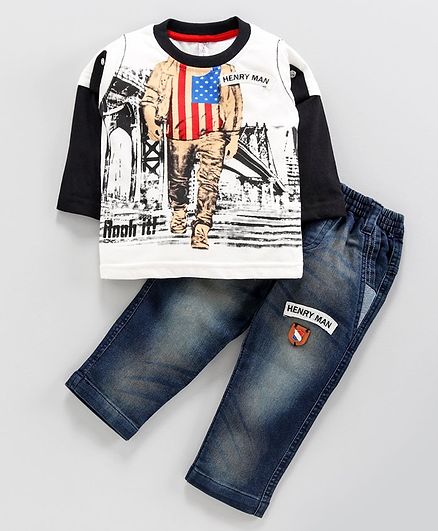 Nottie Planet Full Doctor Sleeves Man Print Tee With Jeans - White