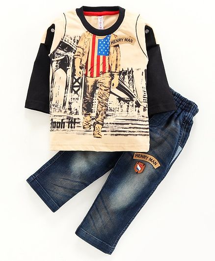 Nottie Planet Full Doctor Sleeves Man Print Tee With Jeans - Light Brown