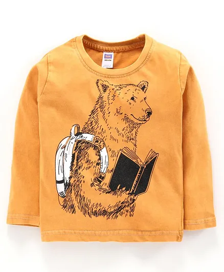Nottie Planet Full Sleeves Bear Booking Reading Printed Tee - Mustard