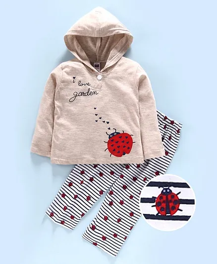 Nottie Planet Full Sleeves Beetle Print Hooded Night Suit - Beige