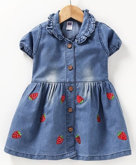 Nottie Planet Short Sleeves Collared Strawberry Patch Dress - Blue