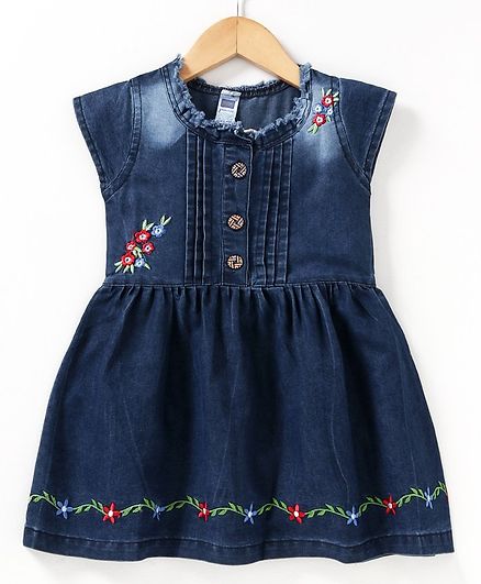 Nottie Planet Cap Sleeves Flower Embroidered Dress - Blue