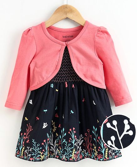 Babyoye Frock With Full Sleeves Shrug Floral & Butterfly Print - Navy Blue Pink