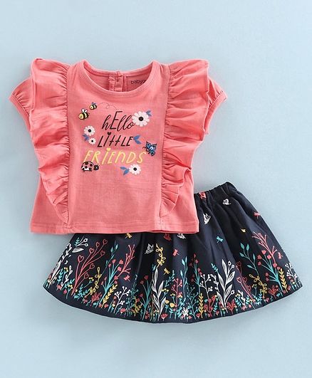 Babyoye Short Sleeves Top with Skirt Floral Print - Navy Blue Pink