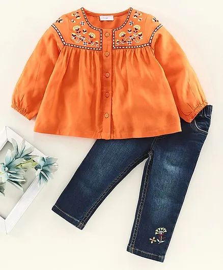 Babyoye Full Sleeves Top & Bottom Floral Embroidered - Orange Blue
