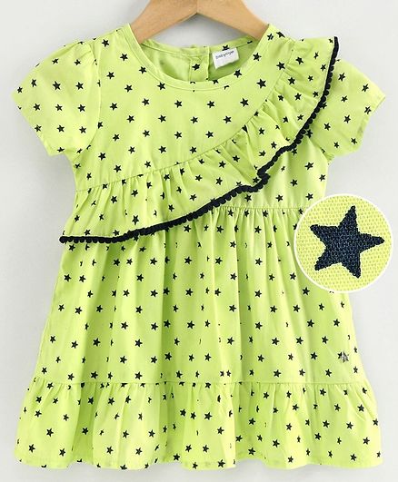 Babyoye Puffed Sleeves Pom Pom Lace Frock Star Print - Green