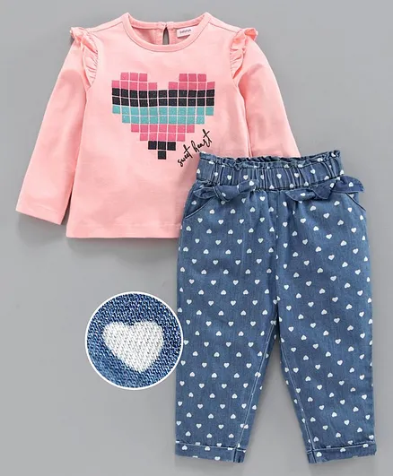 Babyoye Full Sleeves Top with Bottoms Heart Print - Pink Blue