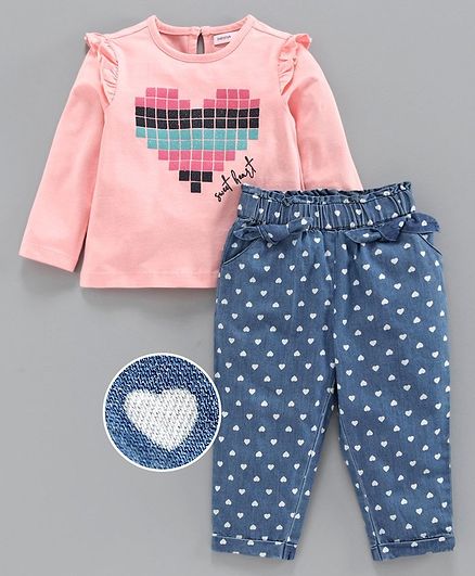 Babyoye Full Sleeves Top with Bottoms Heart Print - Pink Blue