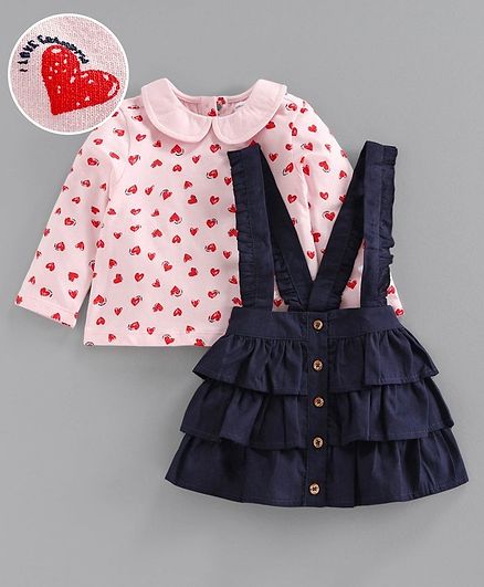 Babyoye Full Sleeves Tee & Layered Skirt With Attached Suspenders Heart Print - Pink Blue