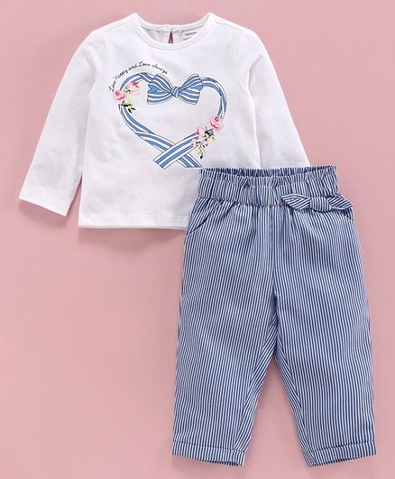 Babyoye Full Sleeves Top with Striped Trousers Heart Print - White Blue