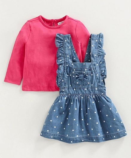 Babyoye Frock with Full Sleeves Inner Tee Polka Dots - Blue Pink