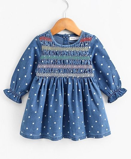 Babyoye Full Sleeves Denim Embroiderd Frock - Blue