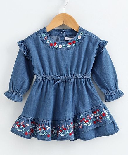 Babyoye Frill Sleeves Denim Frock Floral Embroidery - Blue