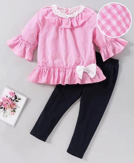 Babyoye Peplum Sleeves Checked Frock with Legging - Pink